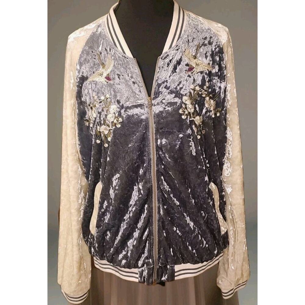 She + Sky Velvet Bomber Jacket Embroidered Floral Bird Boho Velour Streetwear